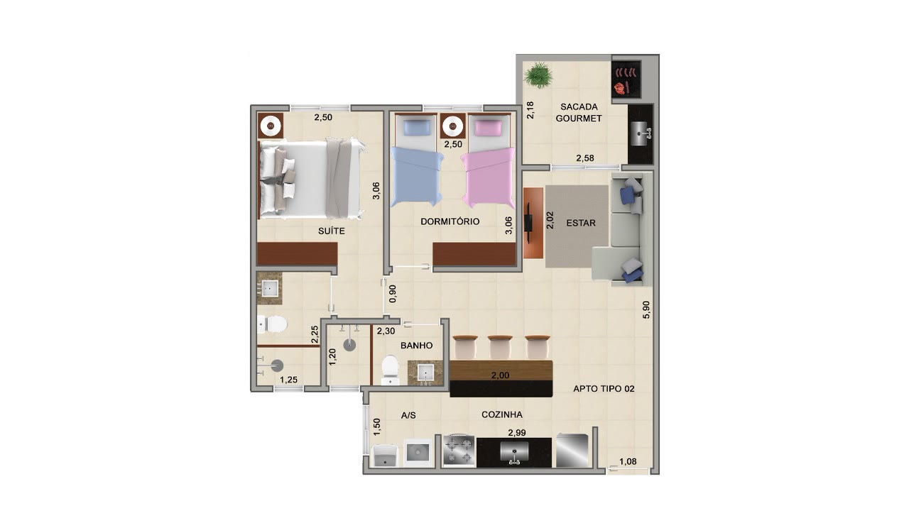 Planta 2 dormitórios Finais 02 a 09 do Residencial Atos, Metragem sob consulta, Ubatuba/SP