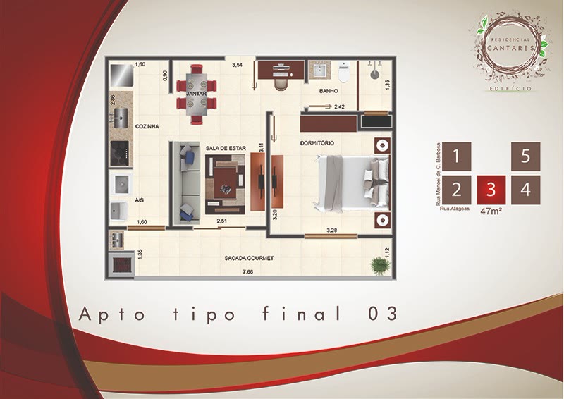 Planta 1 dormitório Final 03 do Residencial Vila de Cantares, 47 m², Centro, Ubatuba/SP