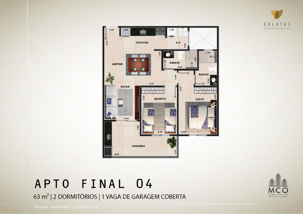 Planta 2 dormitórios Finais 04 a 08 do Residencial Gálatas, 63 m², Centro, Ubatuba/SP