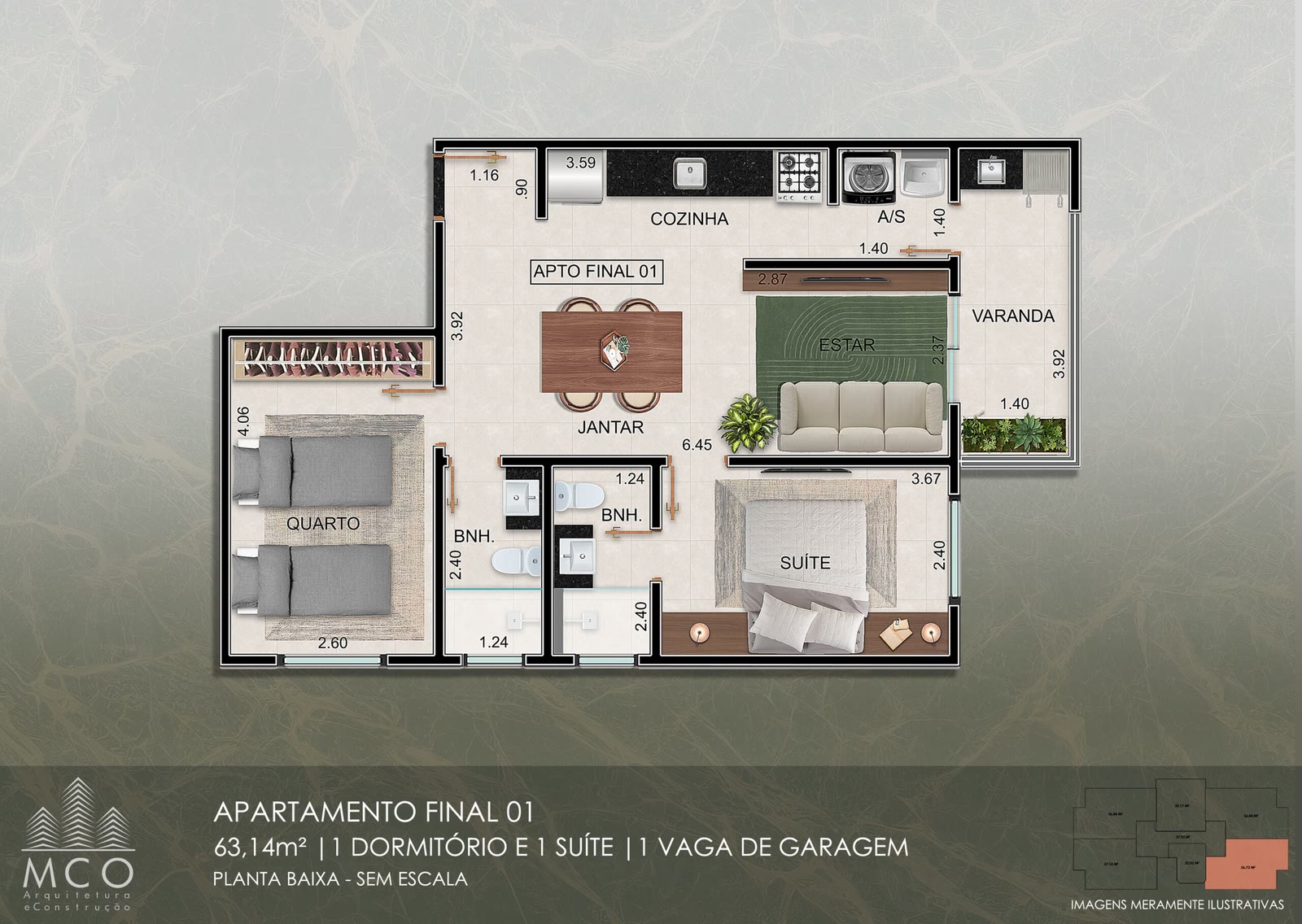Planta Unidade 101 1º andar · 2 dormitórios do Residencial Tommasino, 63,14 m² úteis · 75,91 m² privativos, Silop, Ubatuba/SP