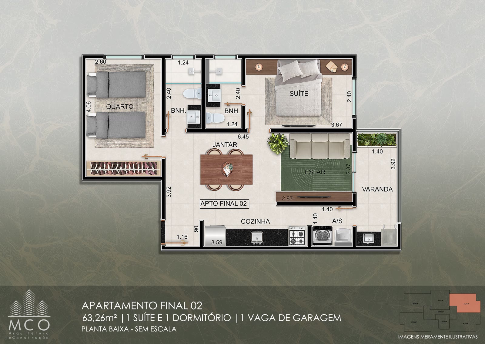 Planta Unidade 102 1º andar · 2 dormitórios do Residencial Tommasino, 63,26 m² úteis · 76,03 m² privativos, Silop, Ubatuba/SP