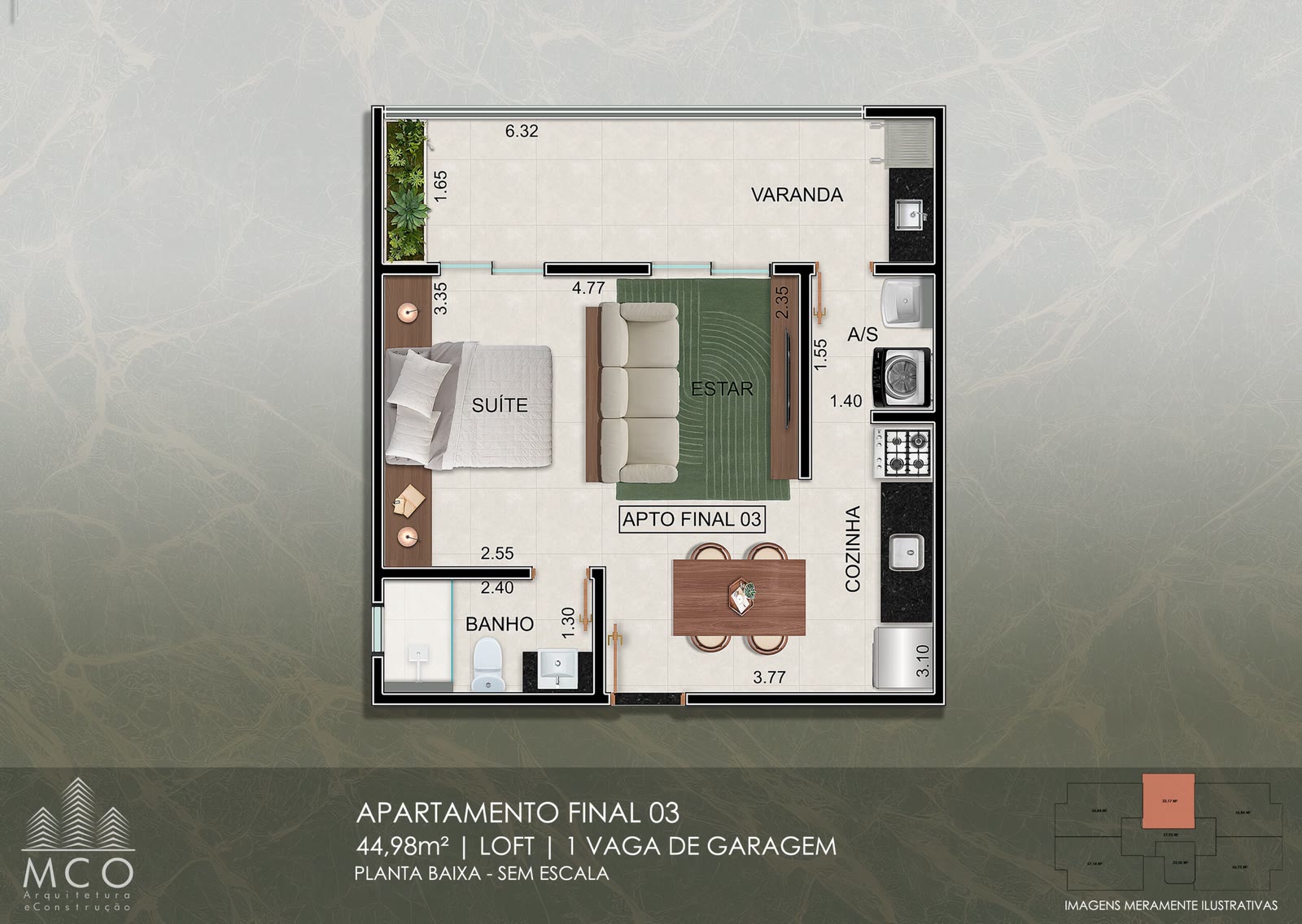 Planta Unidade 103 1º andar · loft do Residencial Tommasino, 44,98 m² úteis · 57,23 m² privativos, Silop, Ubatuba/SP