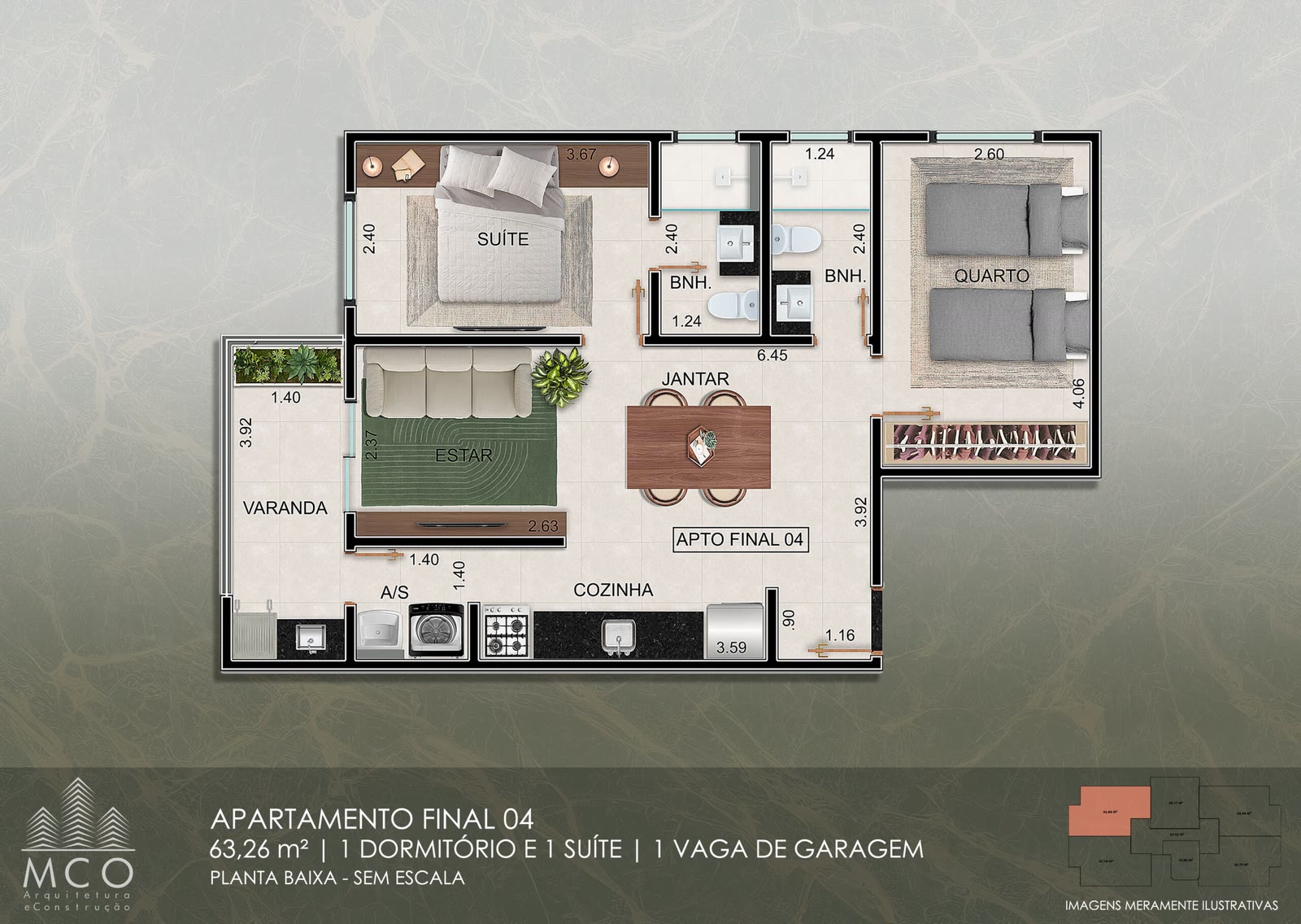 Planta Unidade 104 1º andar · 2 dormitórios do Residencial Tommasino, 63,26 m² úteis · 75,69 m² privativos, Silop, Ubatuba/SP