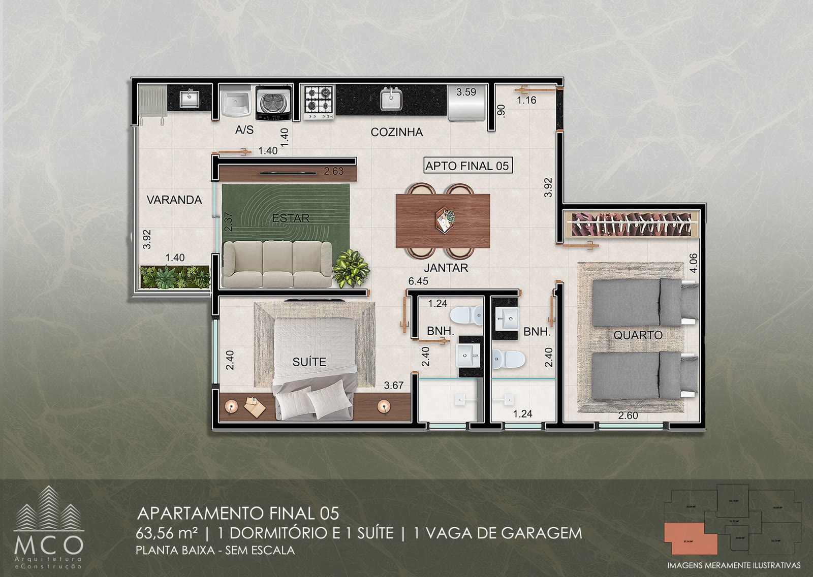 Planta Unidade 105 1º andar · 2 dormitórios do Residencial Tommasino, 63,57 m² úteis · 75,82 m² privativos, Silop, Ubatuba/SP